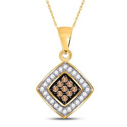 Womens Round Brown Diamond Square Pendant 1/4 Cttw 10kt Yellow Gold - REF-9X5A