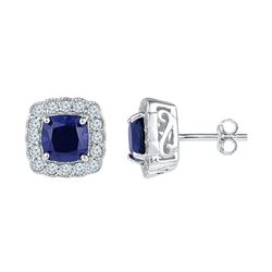 Womens Cushion Lab-Created Blue Sapphire Stud Earrings 3-1/3 Cttw 10kt White Gold - REF-24N9F