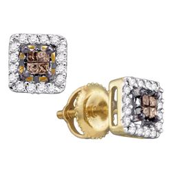 Womens Princess Brown Diamond Square Earrings 1/3 Cttw 14kt Yellow Gold - REF-18A5M