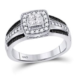 Womens Princess Black Color Enhanced Diamond Cluster Ring 5/8 Cttw 10kt White Gold - REF-32R5X