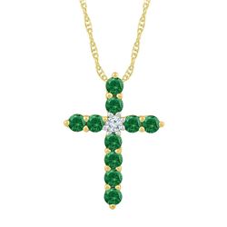 Womens Round Lab-Created Emerald Cross Pendant 5/8 Cttw 10kt Yellow Gold - REF-12Y9N