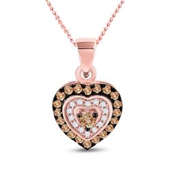 Womens Round Brown Diamond Heart Pendant 1/3 Cttw 10kt Rose Gold - REF-16F9W