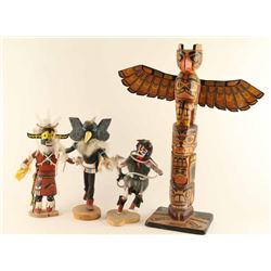 Lot of (3) Kachinas and Totem