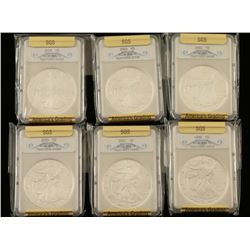Lot of 6 Silver Eagle $1D Silver Coins