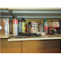 3 SHELVES OF PAINTS, CB'S, GRAVEL GUARD, RUST PAINT, BREAKAWAY SWITCH & MISC