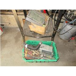 ELECTRICAL, BRIDLE, FUEL PUMP, ELECTRIC MOTOR & STAND & MISC IN GREEN TUB