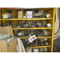 YELLOW BOLT BIN C/W MISC, FLUORESCENT TUBES, FUEL PUMPS, FILTERS, PULLEYS (UNDER STAIRS)