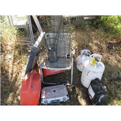 2 PROPANE TANKS, CHAIR, HYDRAULIC OIL, RADIATOR, JERRY CANS