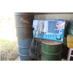 TOMATO CAGES, STEEL BARRELS, SEARS ROTOTILLER, 2 GERRY CANS