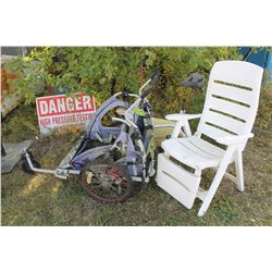 WHITE LAWN CHAIR, BICYCLE TRAILER, EXERCISE BIKE