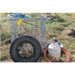 WATER TANK CAGE & 3 ROLLS OF HOSES, PROPANE TANK & TIRE
