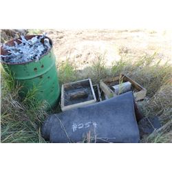 2 BARRELS OF METAL, ROLL OF RUG