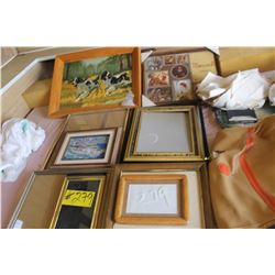 BUNDLE OF PICTURE FRAMES, PICTURES, BAGS, BOOKS, HOUSEHOLDS