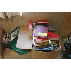 2 BOXES OF BOOKS & MAGAZINES, BAGS, & HOUSEWARES