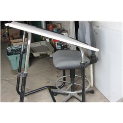 DRAFTING TABLE & CHAIR, HAND TOOLS, SHOVEL, POTATO FORK, BROOM & FOLDING TABLE