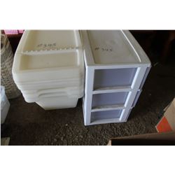 TOTES & 3 TIER PLASTIC SHELVING