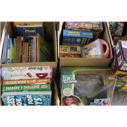 6 BOXES OF KIDS GAMES, TOYS, MISC BOOKS