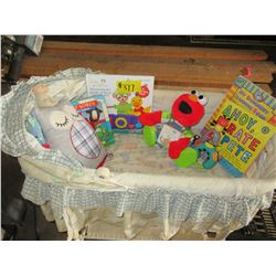 BABY BASSINETTE C/W BABY BOOKS, TOYS, ETC