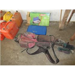 COLEMAN CAMP STOVE, GOLF BAG & GOLF CLUBS
