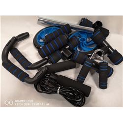 BOX OF MISC. WORKOUT WHEELS AND HAND GRIPS