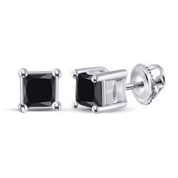 Womens Princess Black Color Enhanced Diamond Solitaire Earrings 3/4 Cttw 10kt White Gold - REF-13A9M