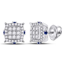 Womens Round Diamond Blue Sapphire Square Earrings 3/4 Cttw 14kt White Gold - REF-43F5W