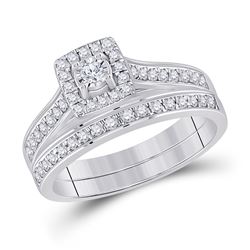 Round Diamond Halo Bridal Wedding Ring Band Set 1/2 Cttw 10kt White Gold - REF-36N9F