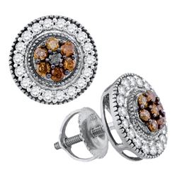 Womens Round Brown Diamond Cluster Stud Earrings 5/8 Cttw 10kt White Gold - REF-24R9X