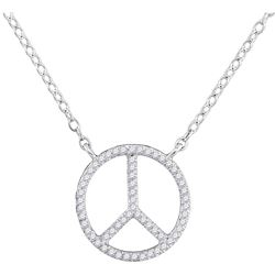Womens Round Diamond Peace Sign Circle Pendant Necklace 1/6 Cttw 10kt White Gold - REF-13F9W
