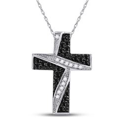 Womens Round Black Color Enhanced Diamond Cross Pendant 1/4 Cttw 10kt White Gold - REF-13N9F