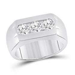 Mens Round Diamond 3-Stone Band Ring 1-1/2 Cttw 14kt White Gold - REF-384Y5N