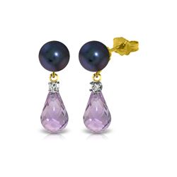 Genuine 6.6 ctw Black Pearl, Amethyst & Diamond Earrings 14KT Yellow Gold - REF-27F6Z