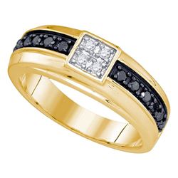 Mens Round Black Color Enhanced Diamond Cluster Wedding Band Ring 1/2 Cttw 10kt Yellow Gold - REF-34