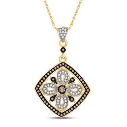 Womens Round Brown Diamond Square Pendant 3/8 Cttw 14kt Yellow Gold - REF-24W9K