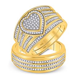 His Hers Round Diamond Heart Matching Wedding Set 1/2 Cttw 10kt Yellow Gold - REF-80N9F