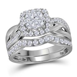 Round Diamond Cluster Bridal Wedding Ring Band Set 1 Cttw 14kt White Gold - REF-85K9Y