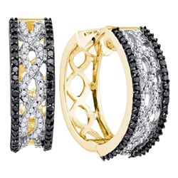 Womens Round Black Color Enhanced Diamond Hoop Earrings 3/4 Cttw 10kt Yellow Gold - REF-41R5X