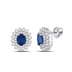 Womens Oval Blue Sapphire Diamond Halo Earrings 1-3/8 Cttw 14kt White Gold - REF-65K5Y