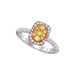 Womens Round Yellow Pink Diamond Cluster Ring 5/8 Cttw 14kt White Gold - REF-65F5W