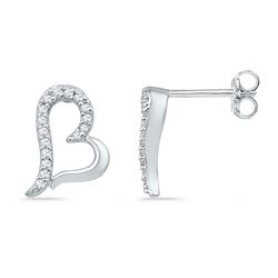 Womens Round Diamond Heart Earrings 1/10 Cttw 10kt White Gold - REF-8M9H