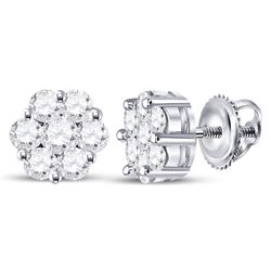 Womens Round Diamond Flower Cluster Earrings 3/4 Cttw 14kt White Gold - REF-46R5X