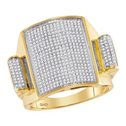 Mens Round Pave-set Diamond Rectangle Dome Cluster Ring 3/4 Cttw 10kt Yellow Gold - REF-64K5Y