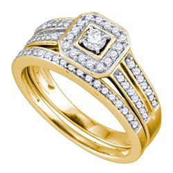 Round Diamond Square Halo Bridal Wedding Ring Band Set 1/2 Cttw 14kt Yellow Gold - REF-55R9X