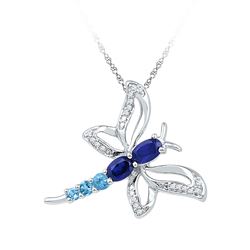 Womens Oval Lab-Created Blue Sapphire Butterfly Bug Pendant 7/8 Cttw 10kt White Gold - REF-14Y9N