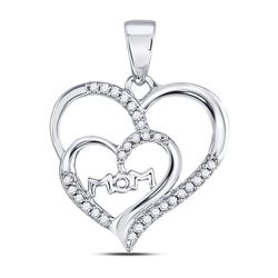 Womens Round Diamond Mom Mother Double Heart Pendant 1/8 Cttw 10kt White Gold - REF-7A5M