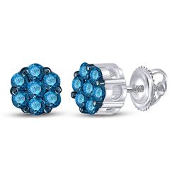 Womens Round Blue Color Enhanced Diamond Cluster Earrings 1/2 Cttw 10kt White Gold - REF-16A9M