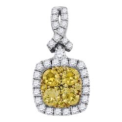 Womens Round Yellow Diamond Cluster Square Frame Pendant 1 Cttw 14kt White Gold - REF-65W5K