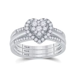 Diamond Heart 3-Piece Bridal Wedding Ring Band Set 1/2 Cttw 14kt White Gold - REF-60H5R