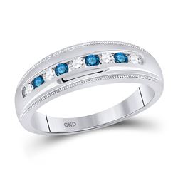 Mens Round Blue Color Enhanced Diamond Wedding Band Ring 1/2 Cttw 10kt White Gold - REF-35F9W