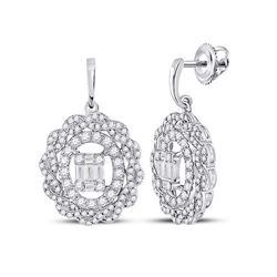 Womens Baguette Diamond Oval Dangle Earrings 1 Cttw 14kt White Gold - REF-69M9H